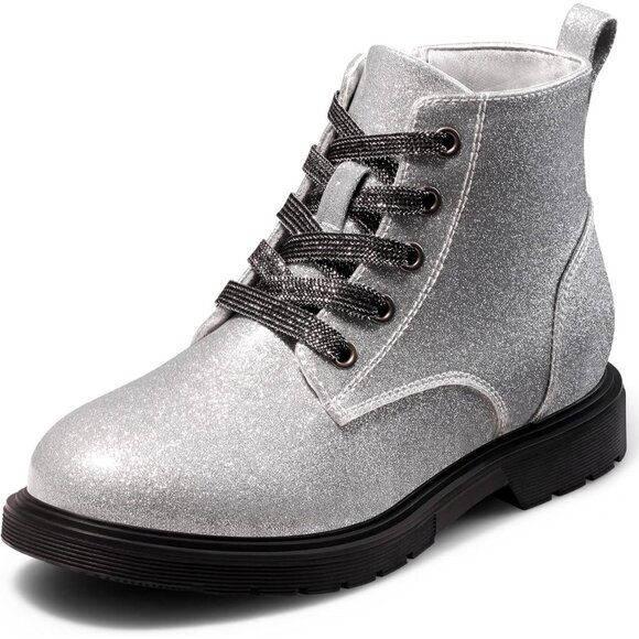 Girls Ankle Boots Sliver Glitter Combat Bootie Zipper Lace Up Winter Dress Boot - Picture 1 of 6